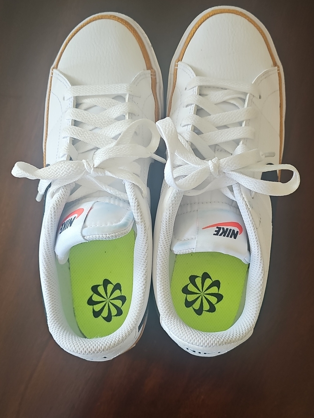 Nike White Womens Sneakers with Tan Trim and Lime Green Insoles